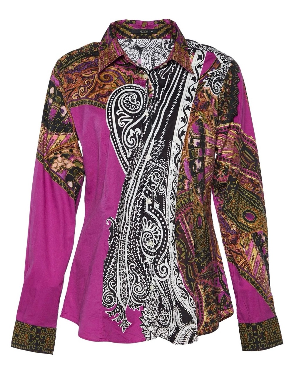 Etro‎ Paisley Baroque Contrast Asymmetrical Button-Down Cotton Shirt Medium